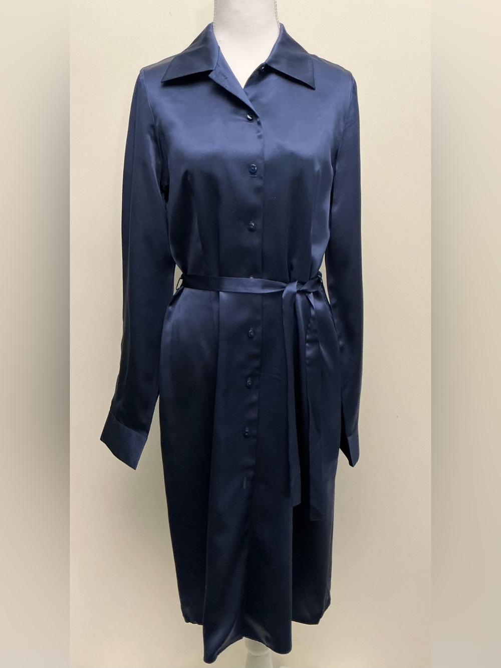 Cynthia Rowley Navy Satin Shirt Dress with Tie Waist